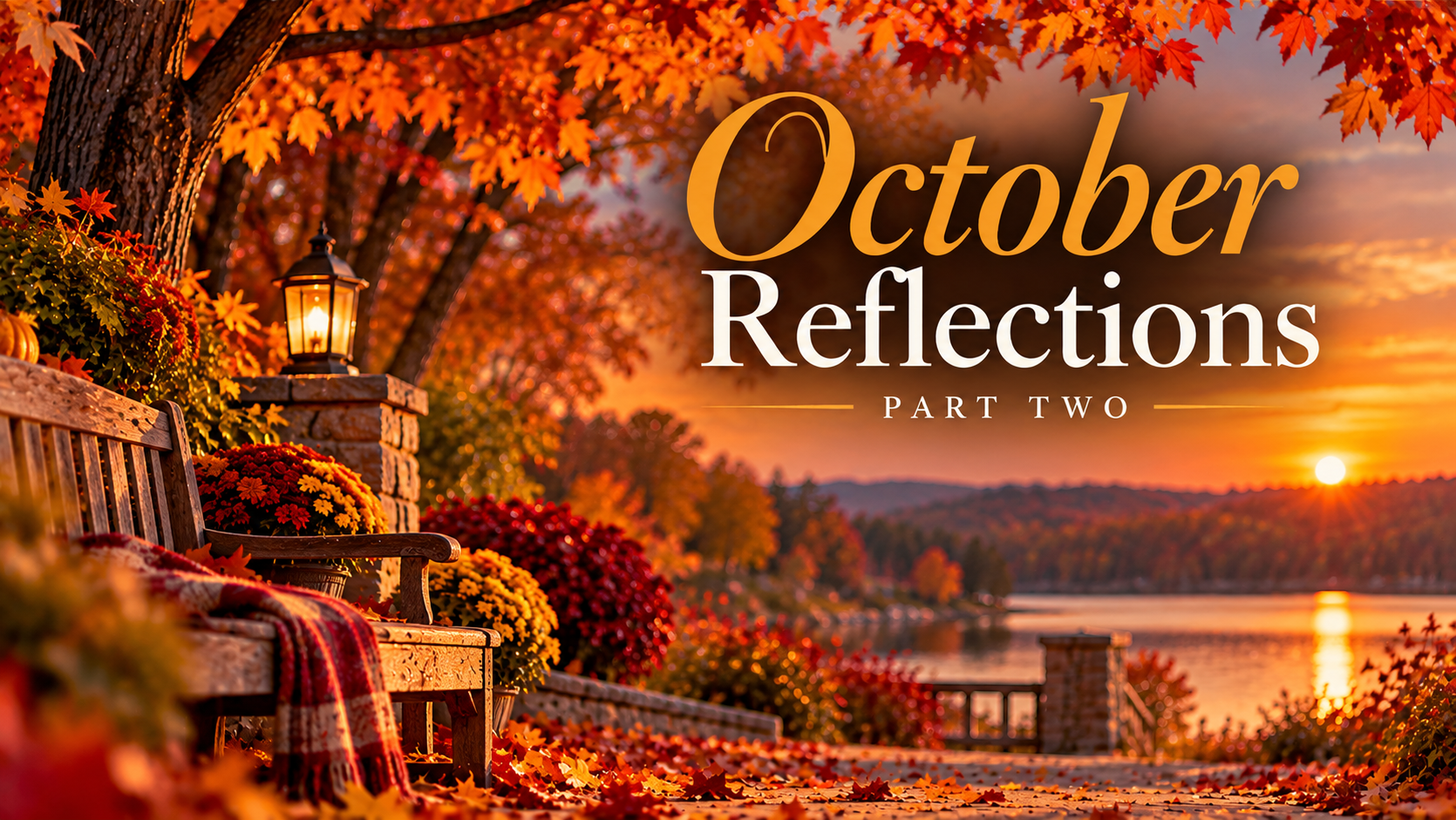 A beautiful autumn scene overlooking a sunset on a lake in vibrant orange hues.